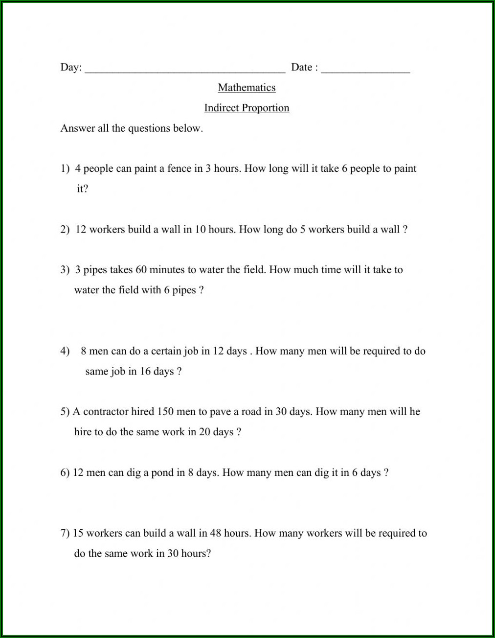 Direct And Inverse Variation Word Problems Worksheet Answer Key