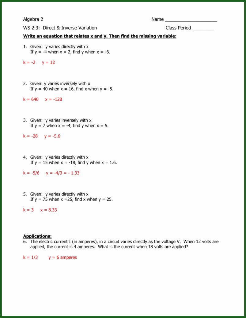 Direct And Inverse Variation Word Problems Worksheet With Answers Pdf