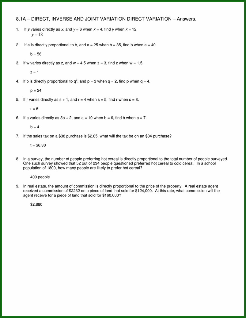 Direct Inverse Joint Variation Word Problems Worksheet