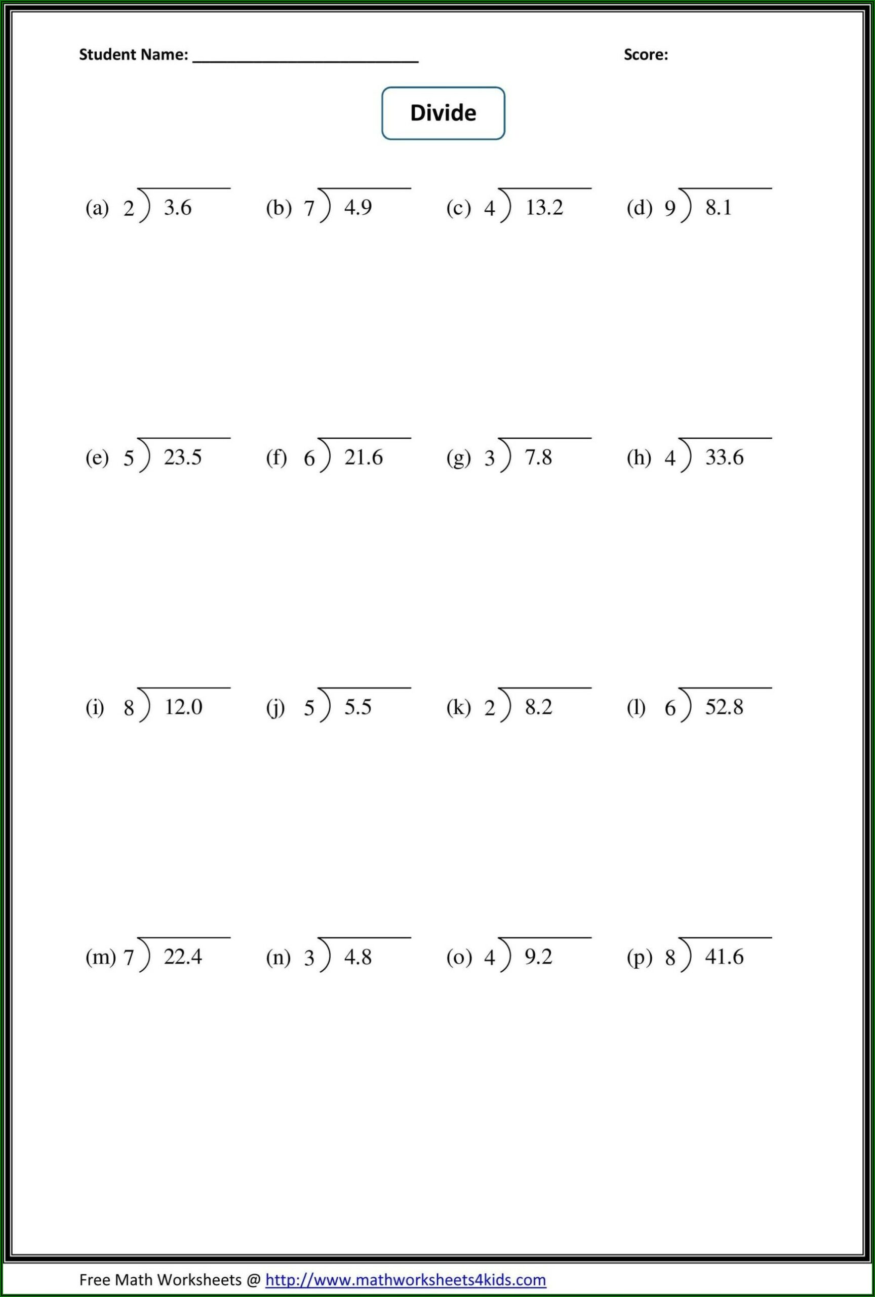 Dividing Decimals By Whole Numbers Word Problems Worksheet Pdf