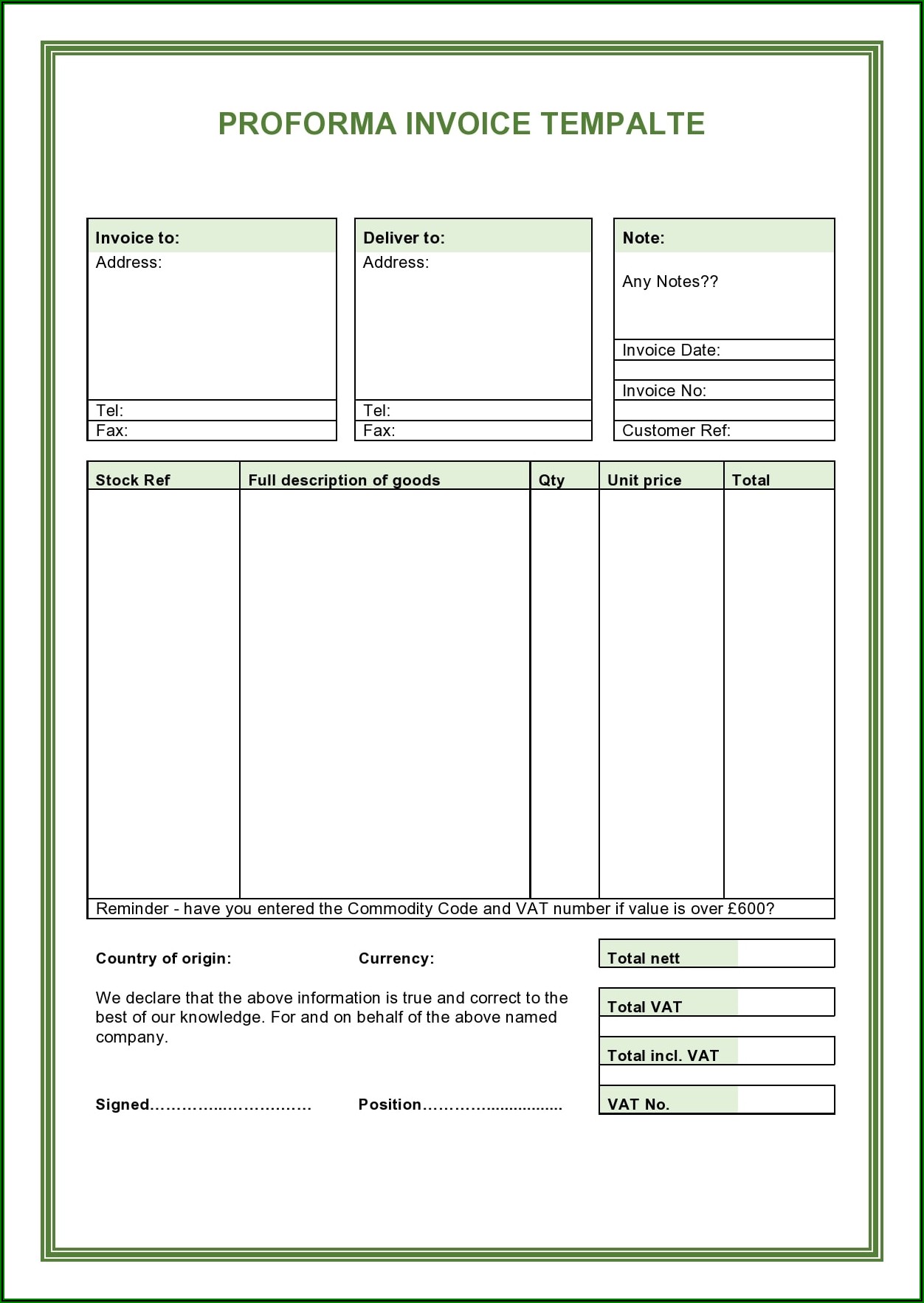 Editable Simple Proforma Invoice Template
