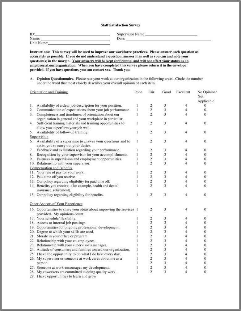 Employee Satisfaction Survey Questionnaire Sample Pdf