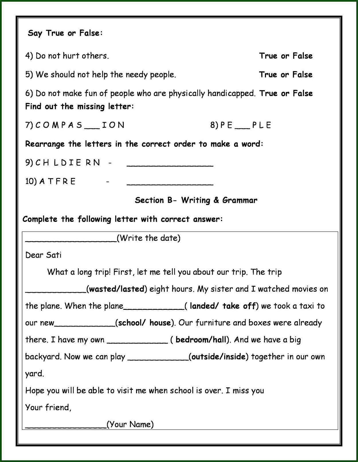 English Worksheet Grade 5 Printable