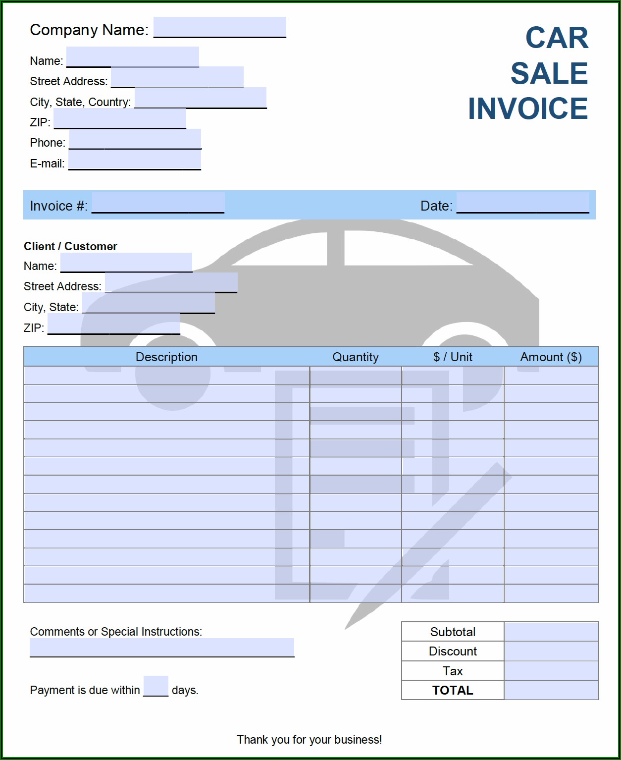 Free Car Sales Invoice Template Uk