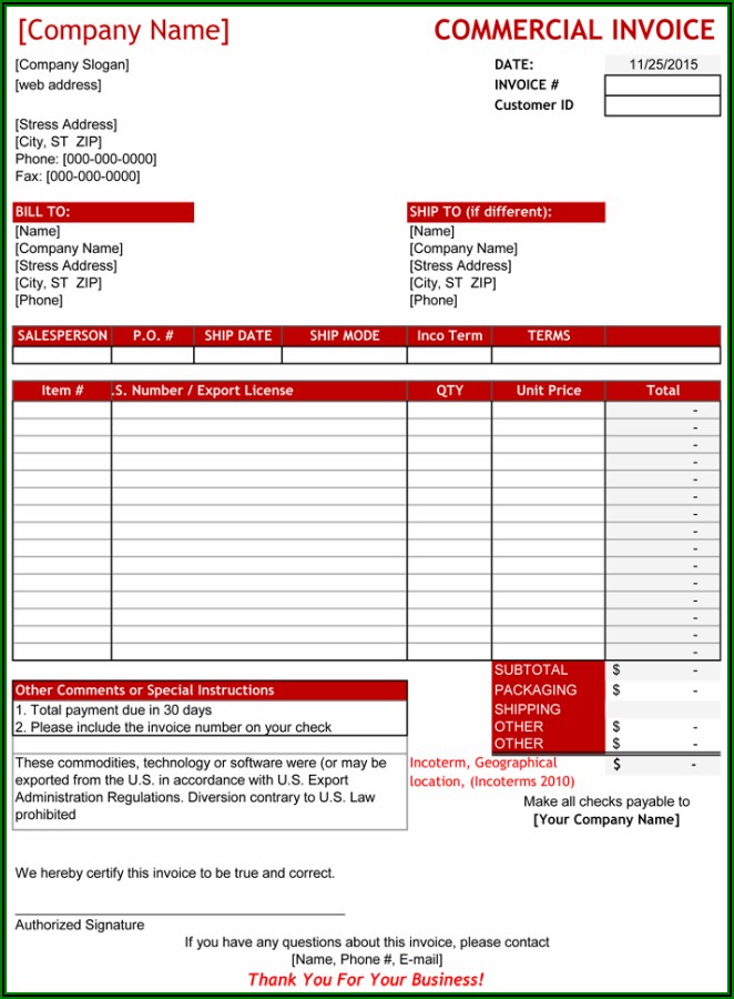 Free Editable Commercial Invoice Form