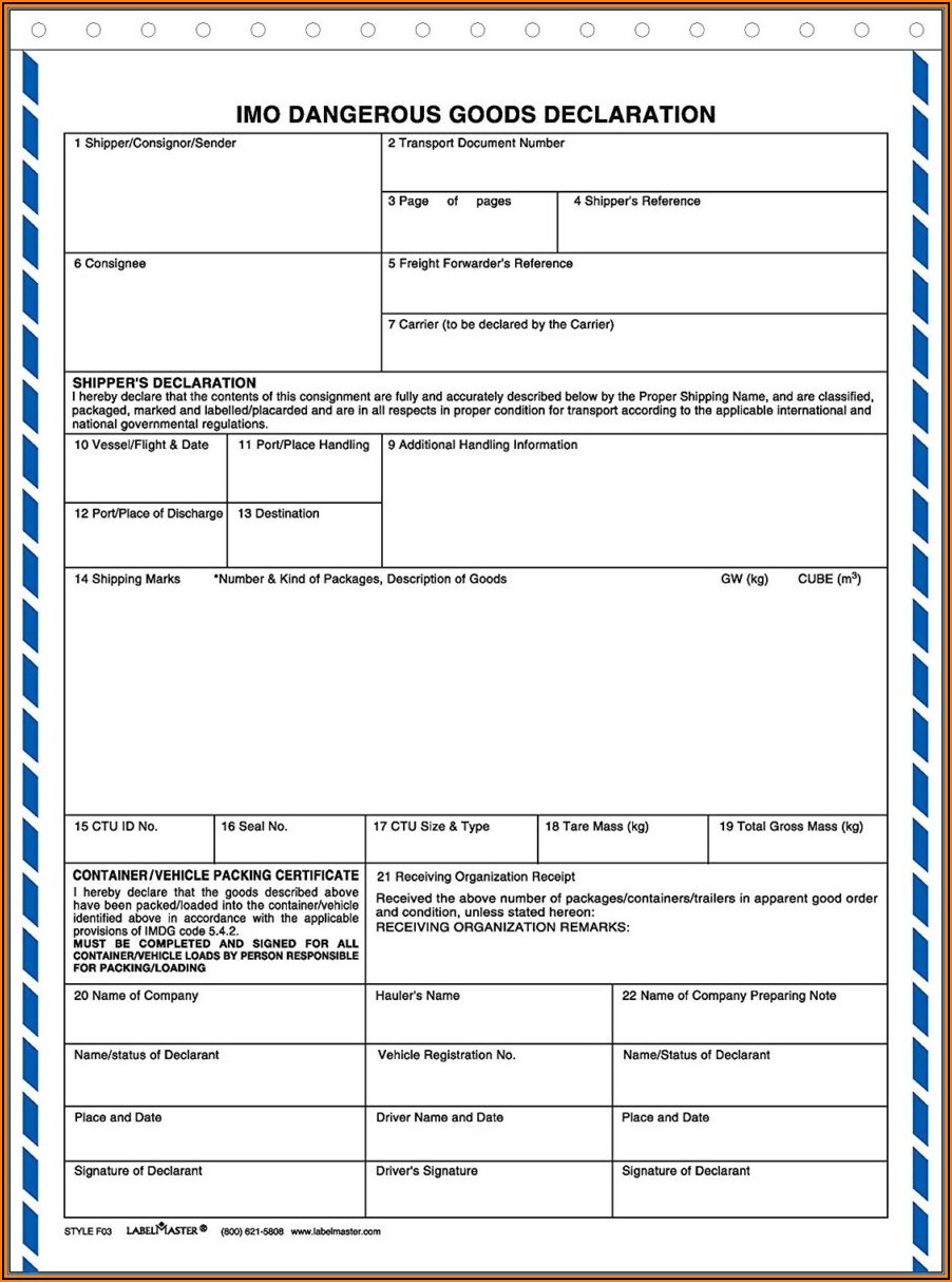 Free Imo Dangerous Goods Declaration Form Fillable