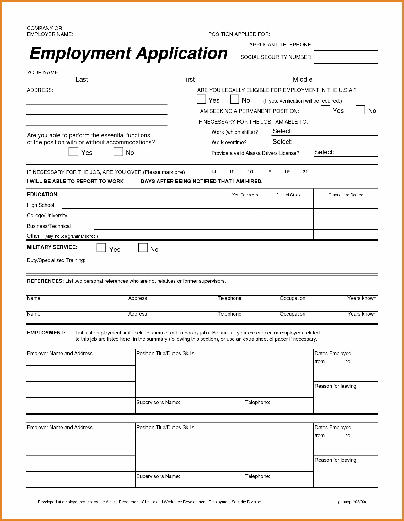 Free Printable Blank Job Application Forms