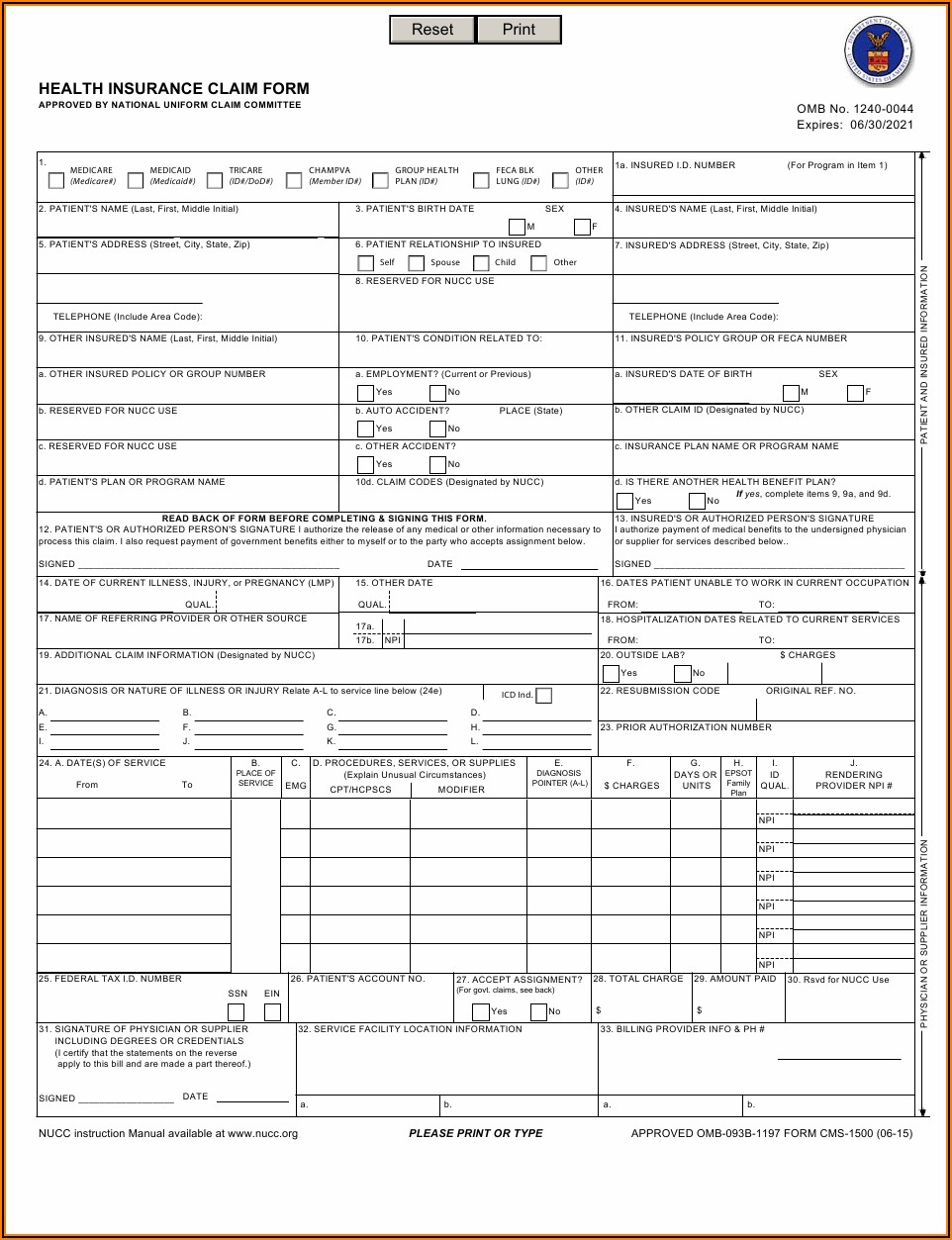 Health Insurance Claim Form 1500 Fillable