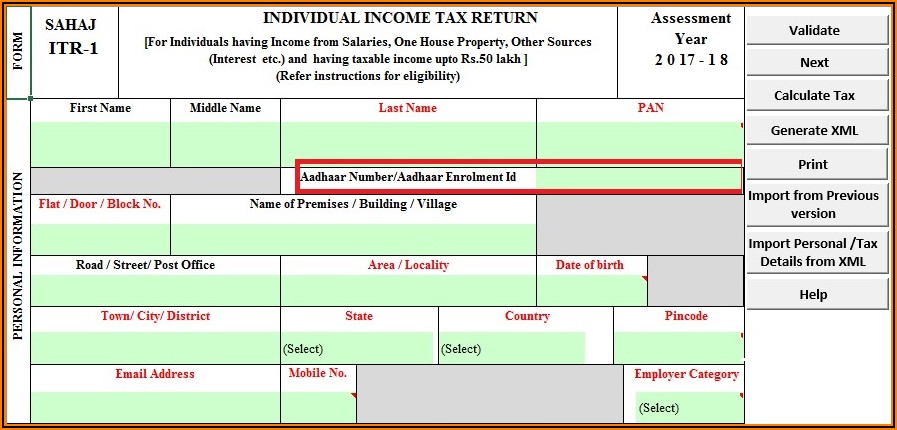 Income Tax Return Form 2017 18 Excel Format Download
