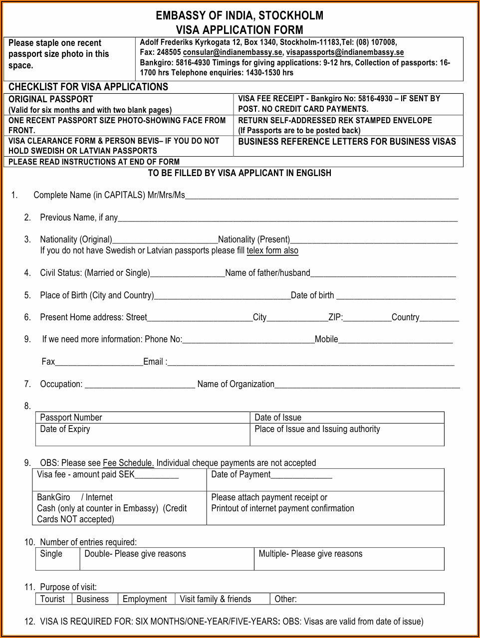 Indian Visa Application Form Printable
