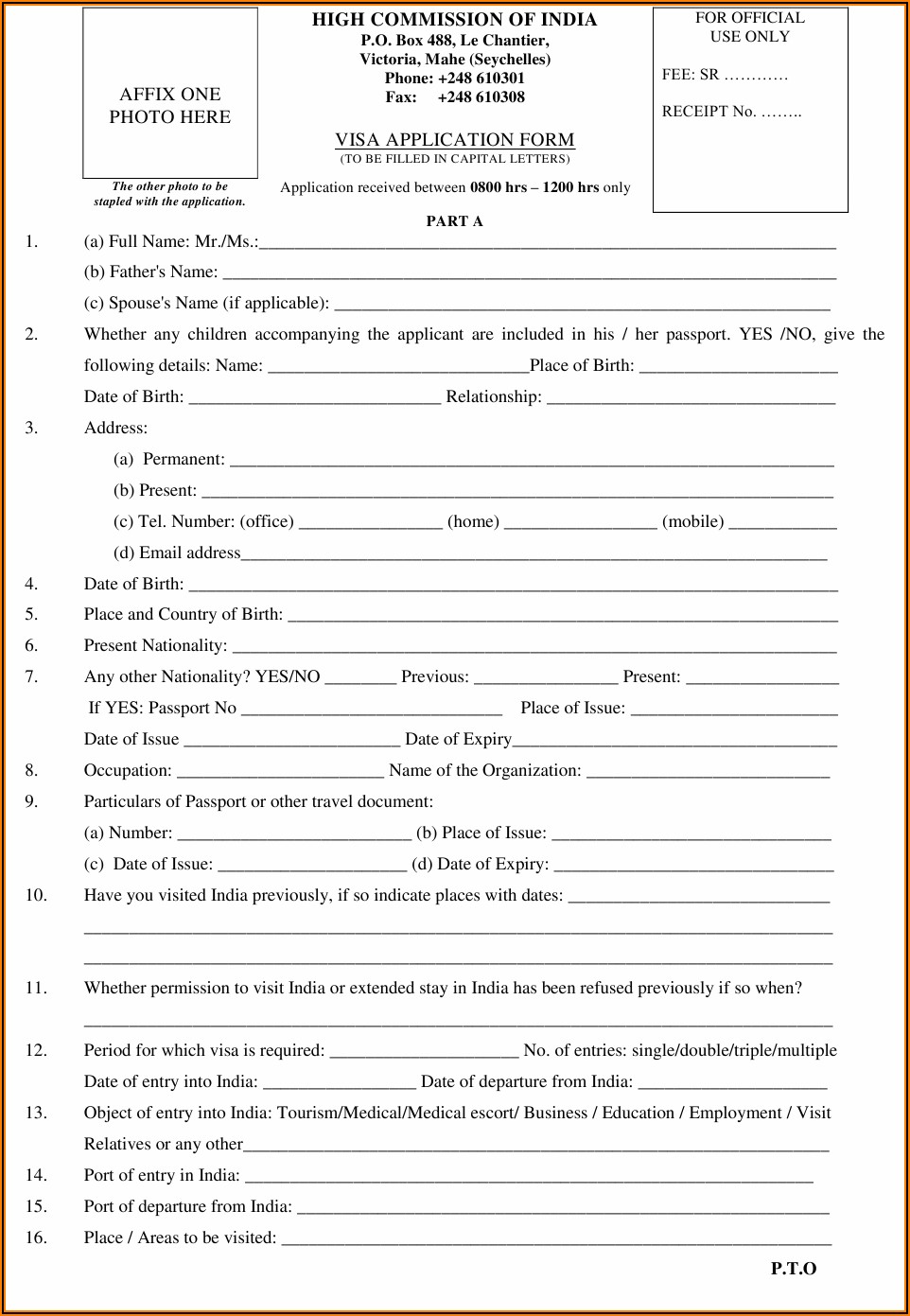 Indian Visa Application Form