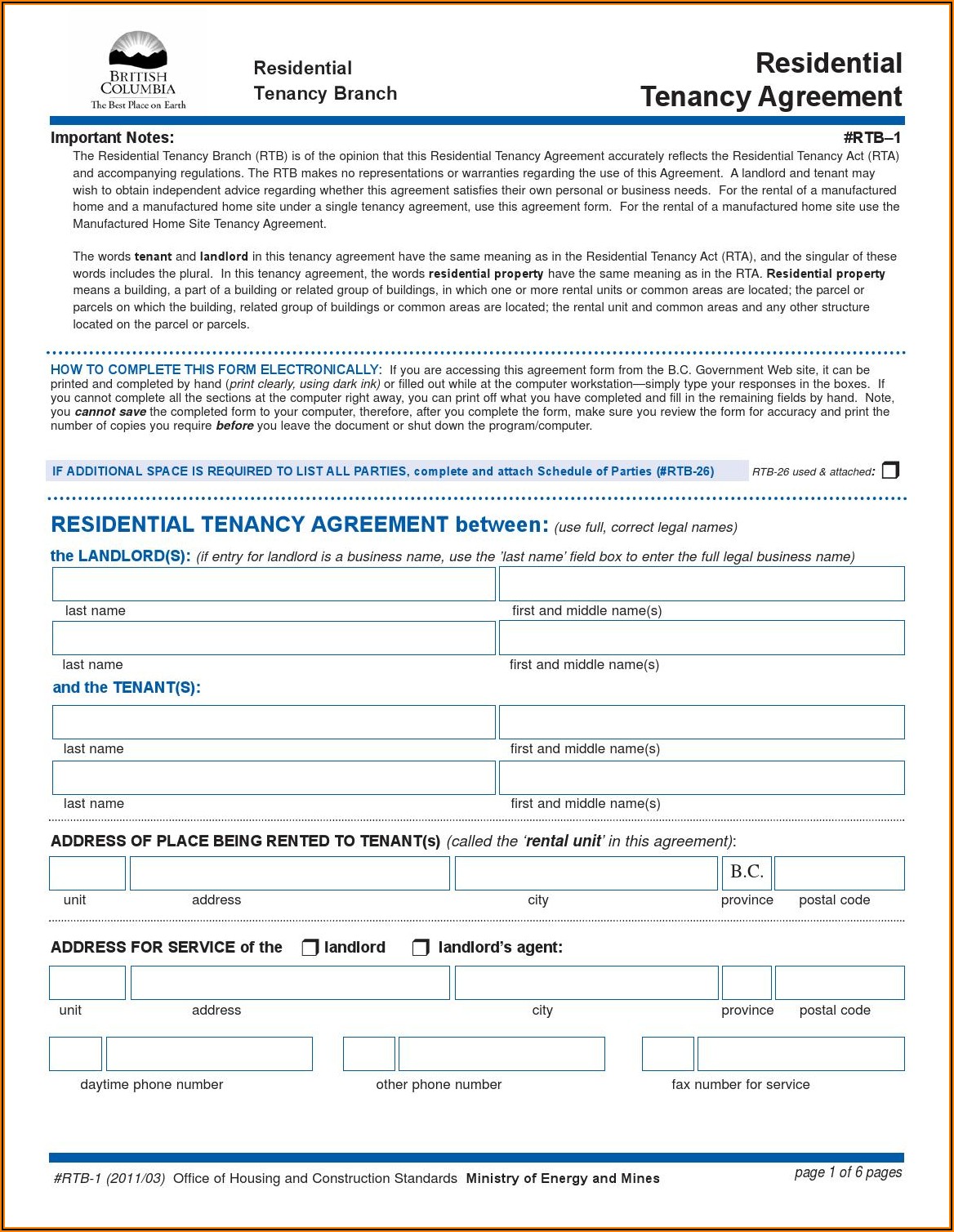 Landlord And Tenant Agreement Form Bc