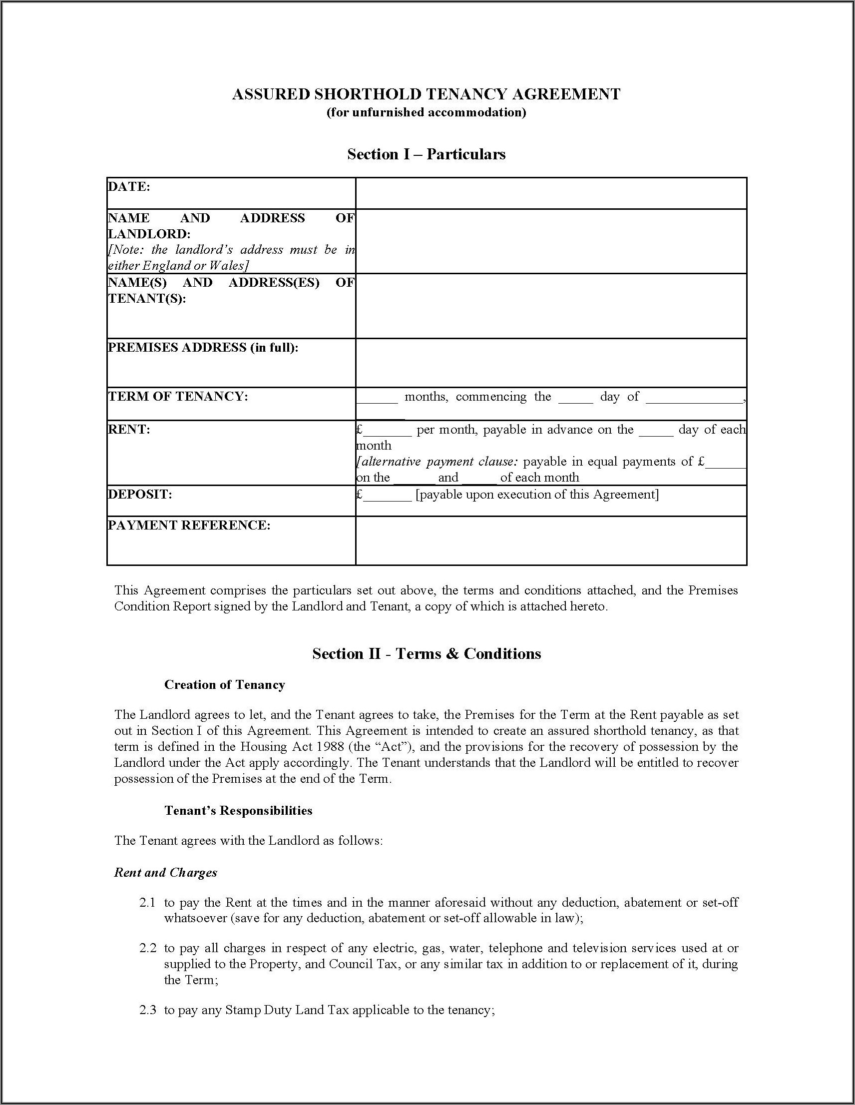 Landlord Tenant Contract Template Uk
