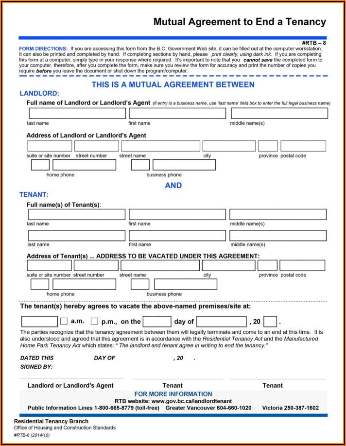 Landlord Tenant Rental Agreement Form Bc