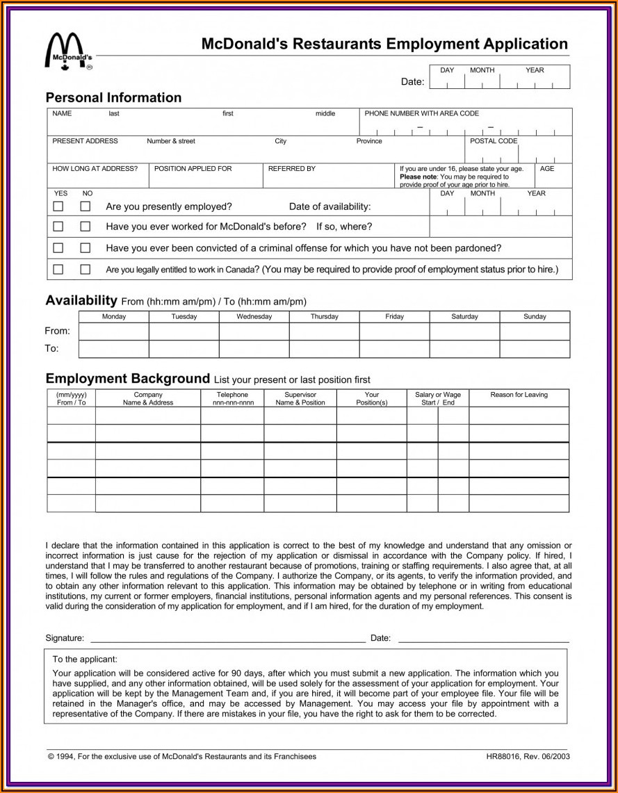 Mcdonalds Application Form Canada