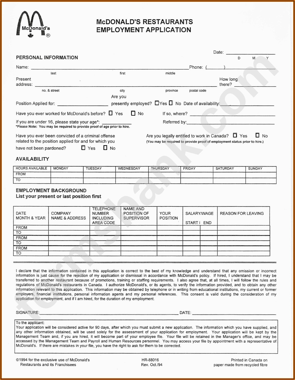 Mcdonalds Application Form Pdf Download