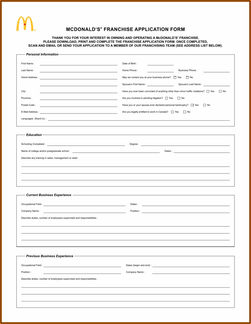 Mcdonalds Franchise Application Form Pdf