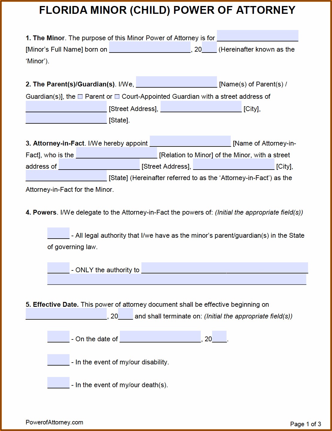 Medical Power Of Attorney Form For Minor Child Florida