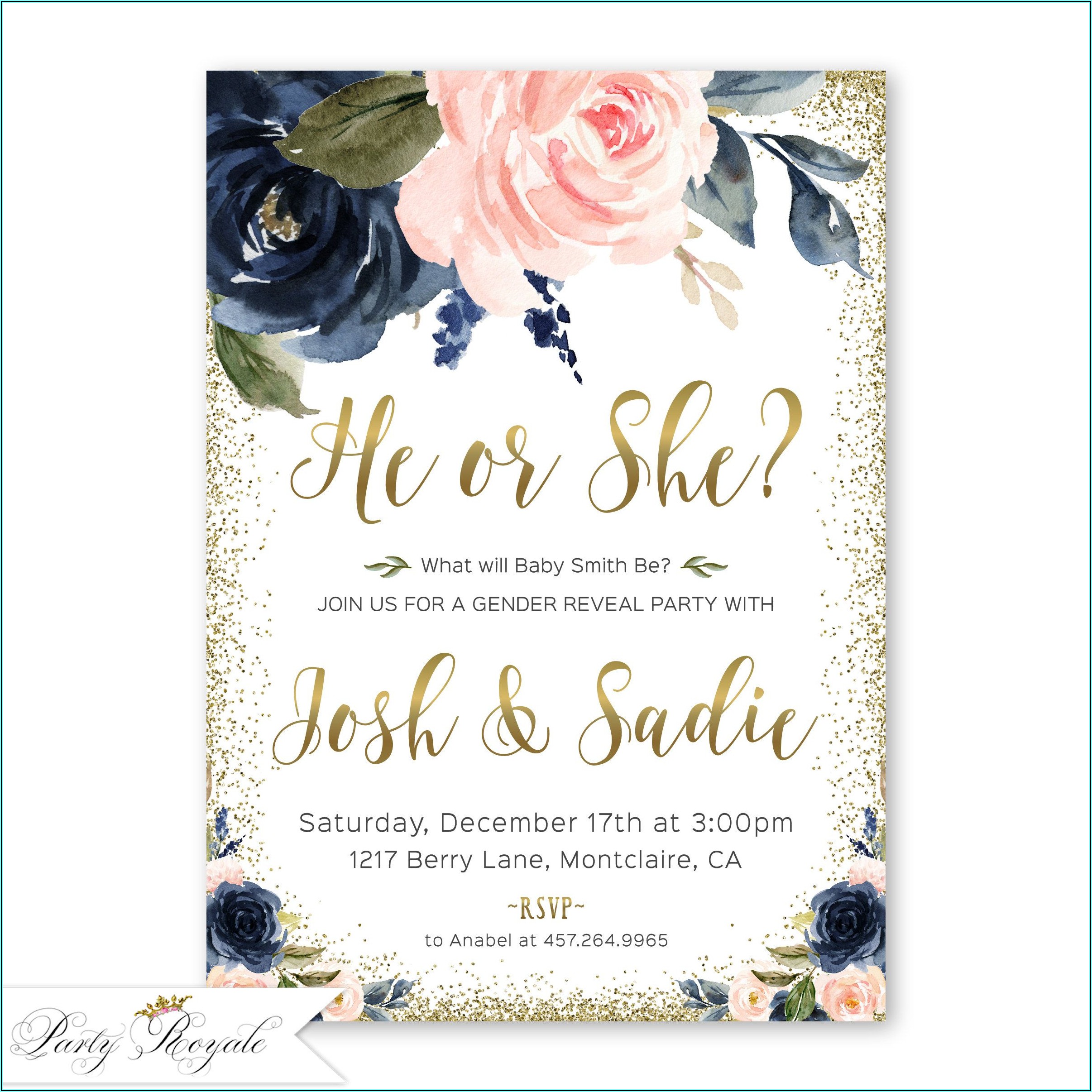 Navy Blue And Rose Gold Gender Reveal Invitations