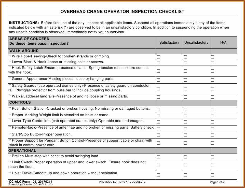 Overhead Crane Inspection Form Pdf