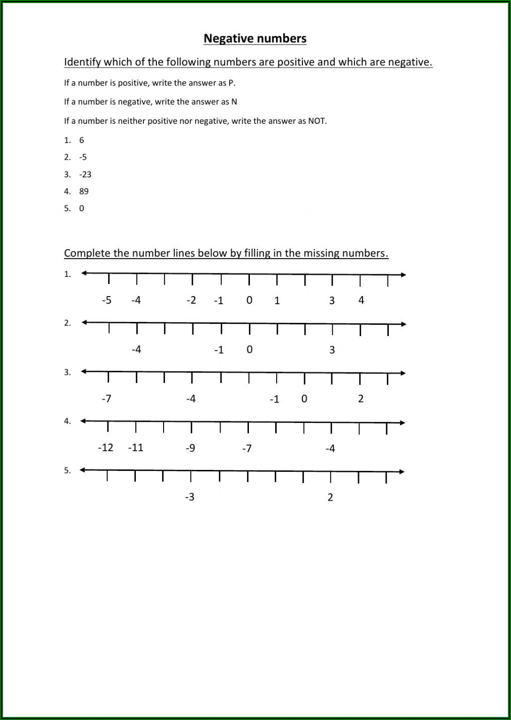 Positive And Negative Numbers Worksheets Grade 6