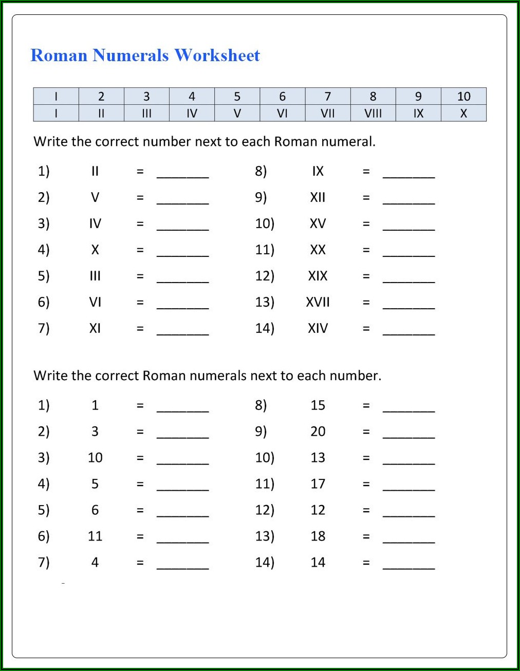 Roman Numerals Worksheet For Class 5