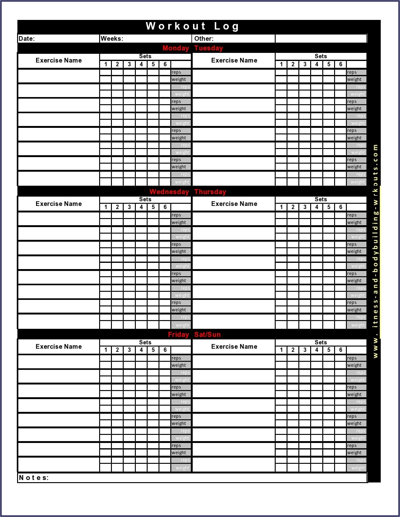 Weekly Workout Log Book Template