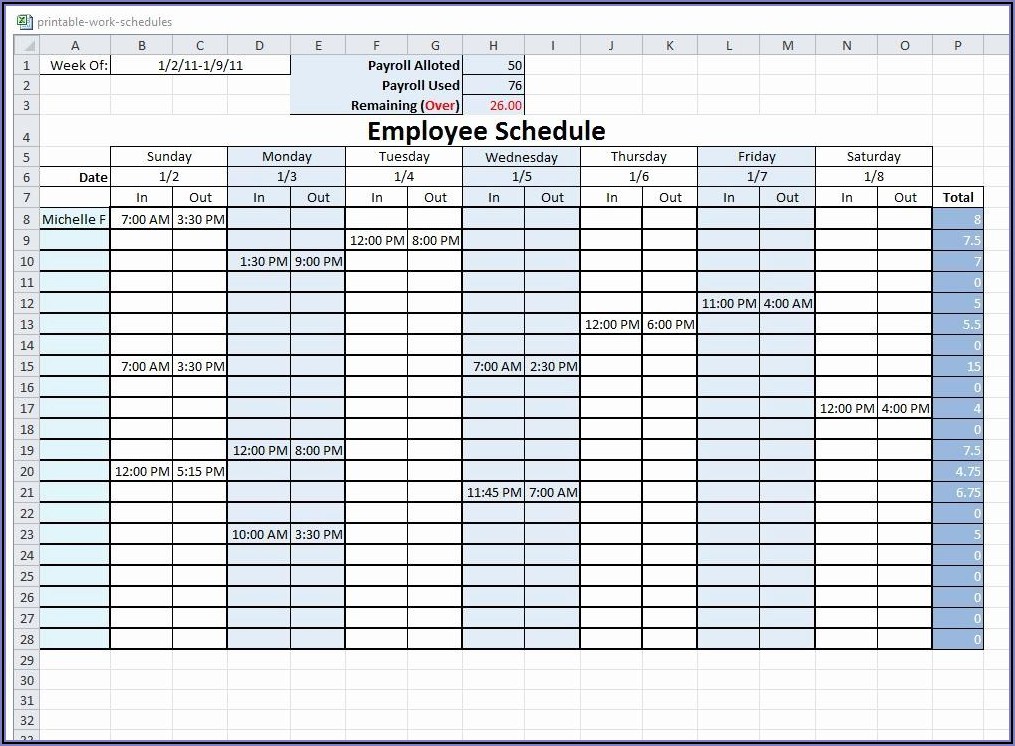Work Schedule Template Free Printable