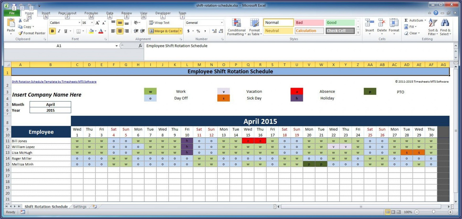 Work Shift Schedule Timetable Template For Excel
