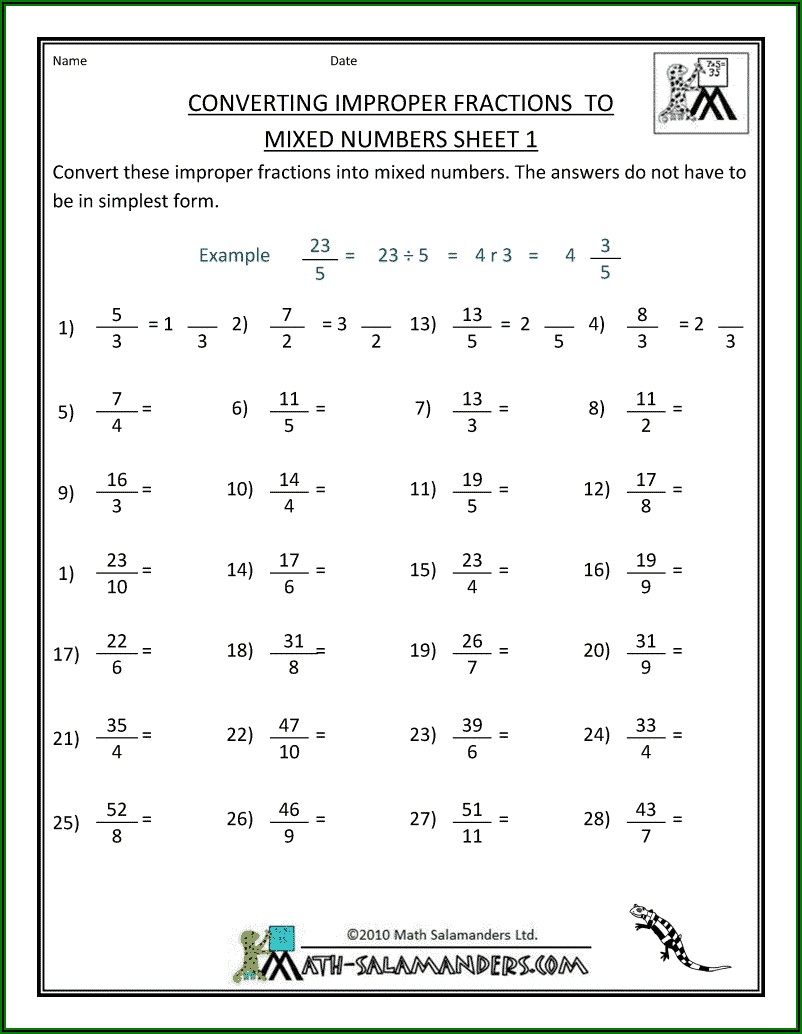 Worksheet Converting Fractions To Mixed Numbers
