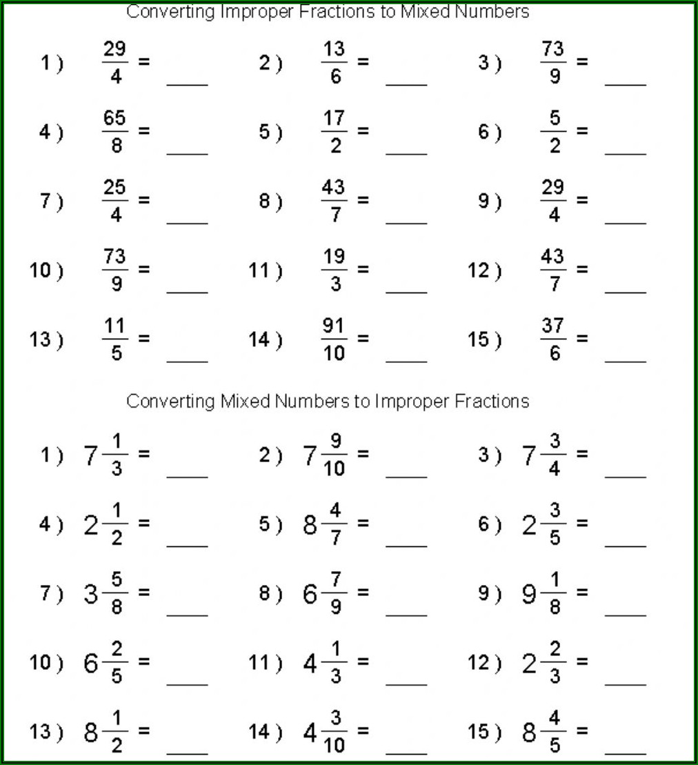 Worksheet On Conversion Of Improper Fractions To Mixed Numbers