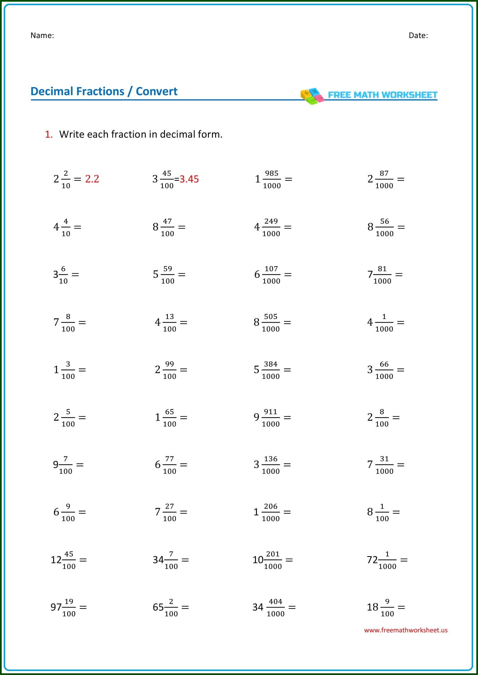 Worksheet On Converting Fractions To Decimals Pdf