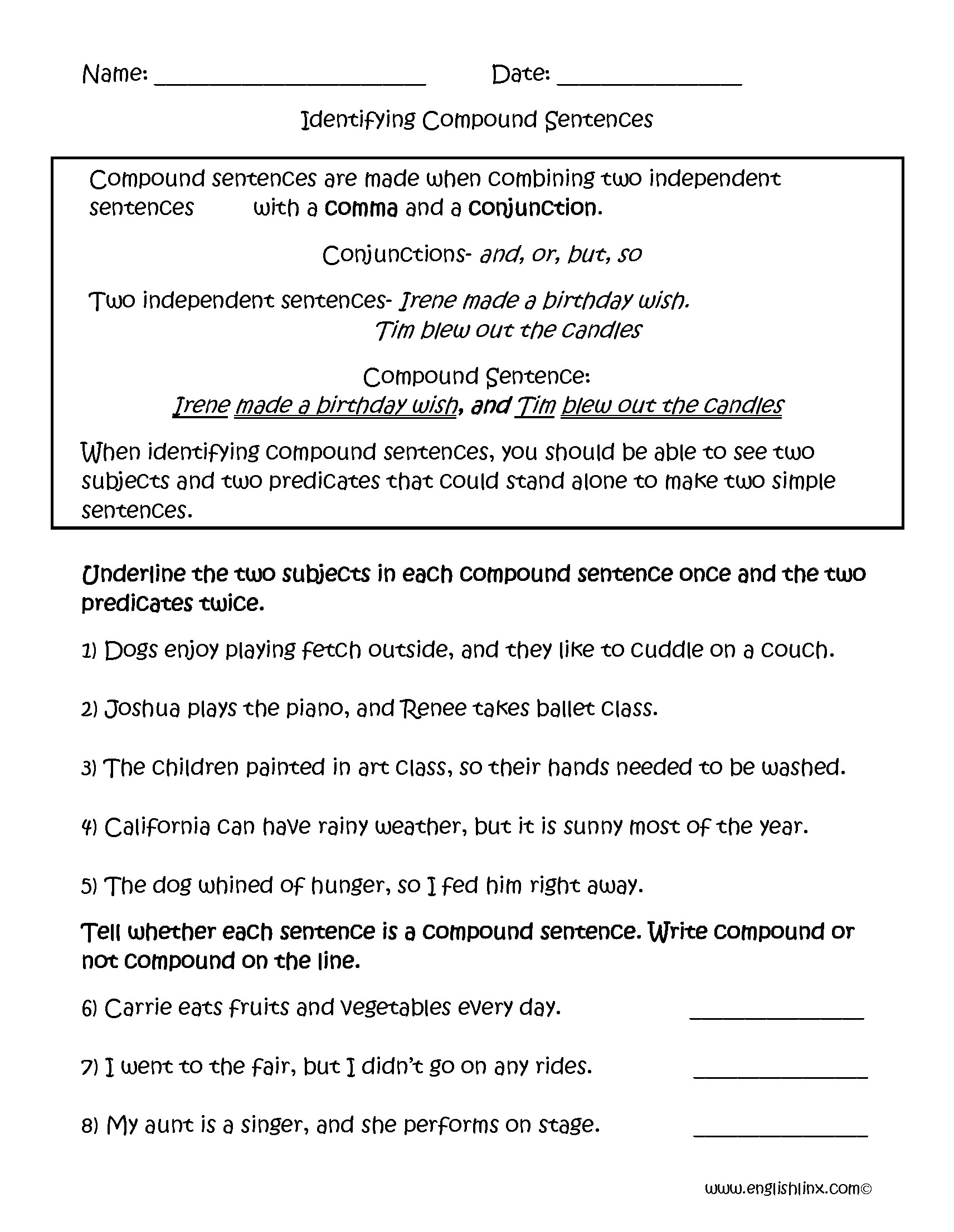 Worksheet On Identifying Simple Compound And Complex Sentences