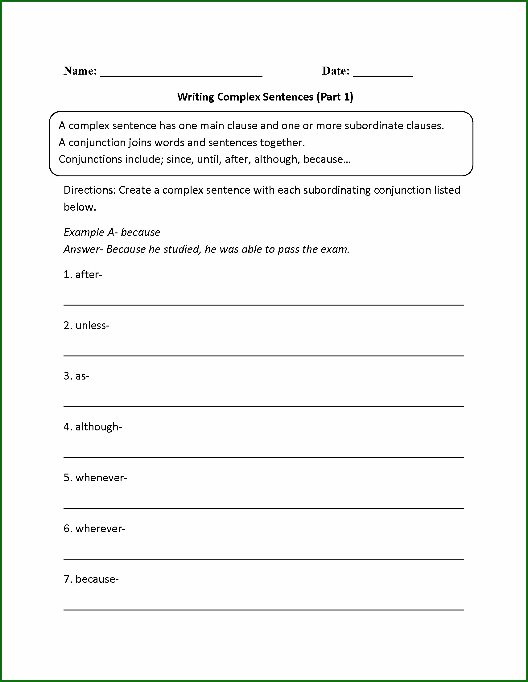 Worksheet Writing Sentences
