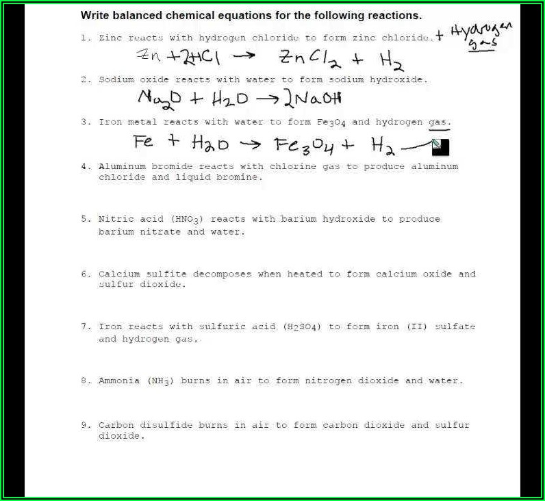 Answer Key Chemistry Word Equations Worksheet