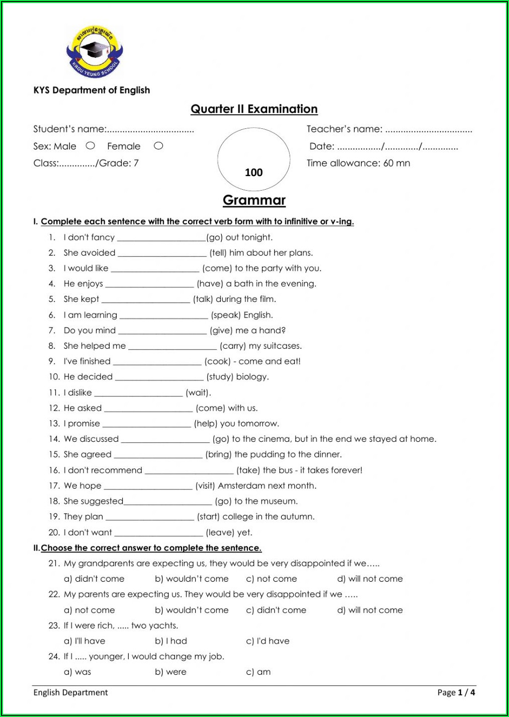 Cbse Grade 7 English Grammar Worksheets With Answers