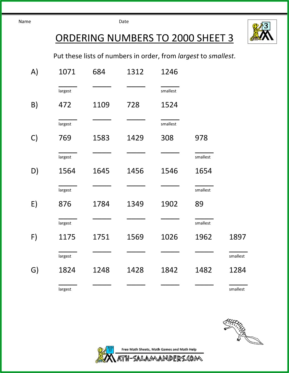 Comparing And Ordering Numbers Worksheet Grade 3