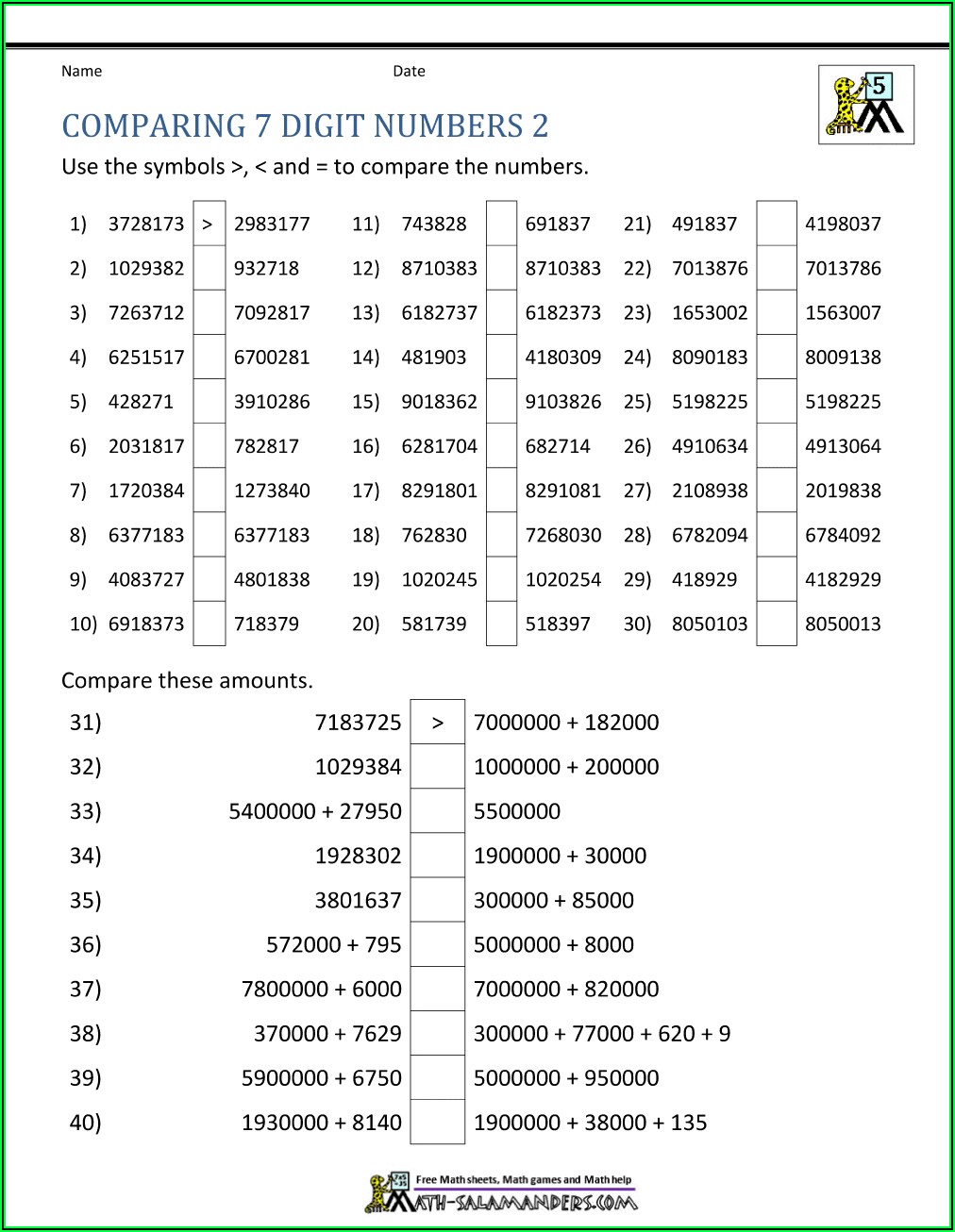 Comparing And Ordering Numbers Worksheets 4th Grade