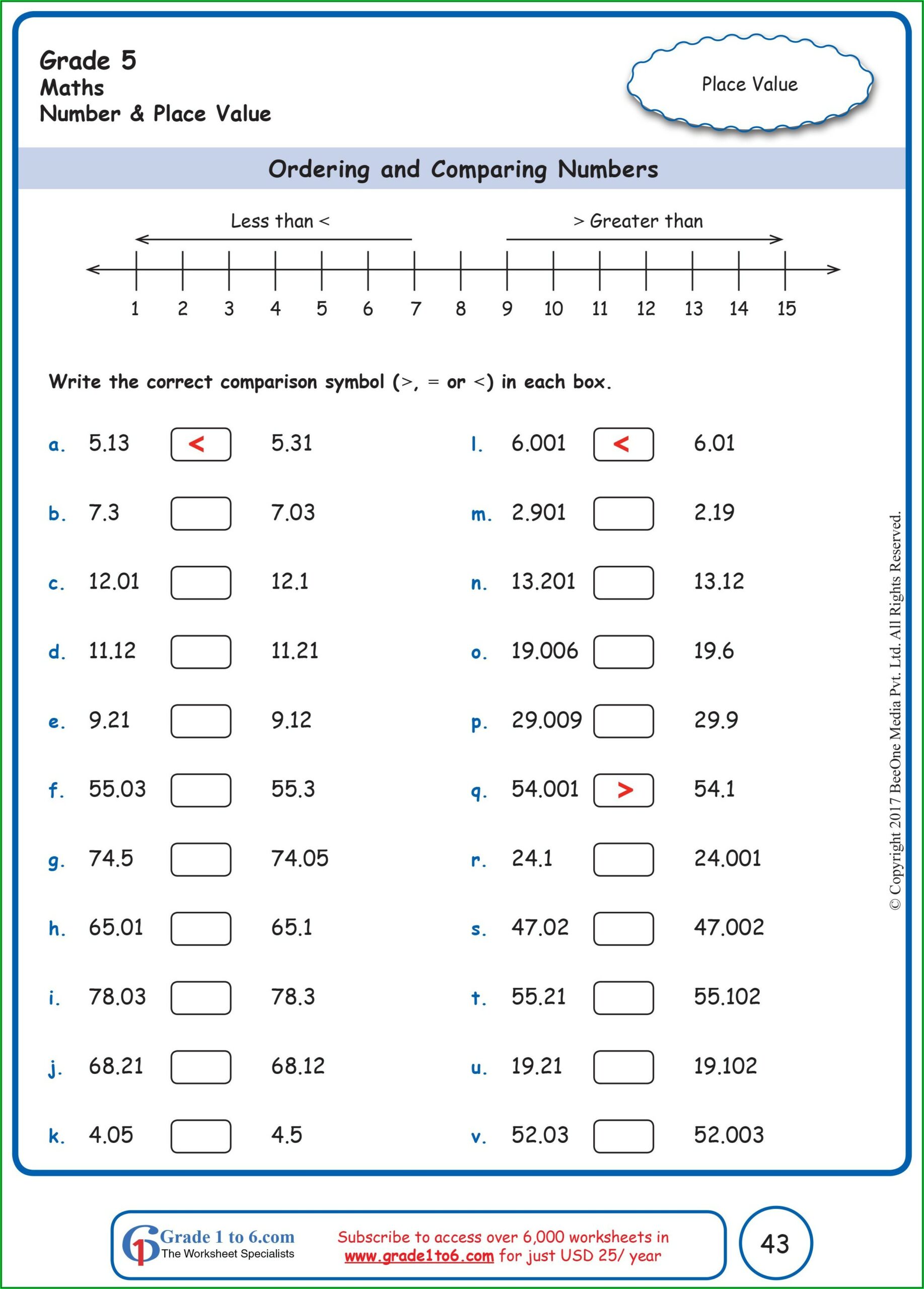 Comparing And Ordering Numbers Worksheets Grade 6