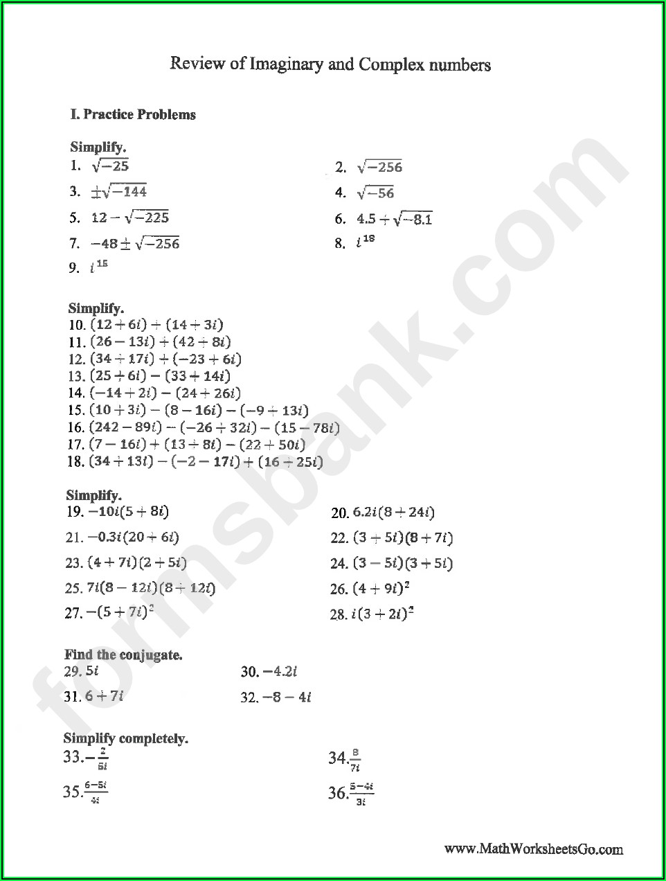 Complex Numbers Worksheet With Answers Pdf