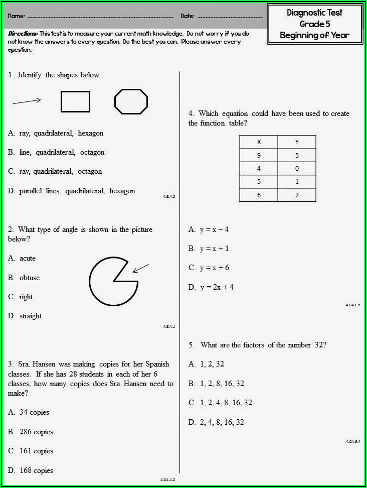 Fifth Grade Math Assessment Printable