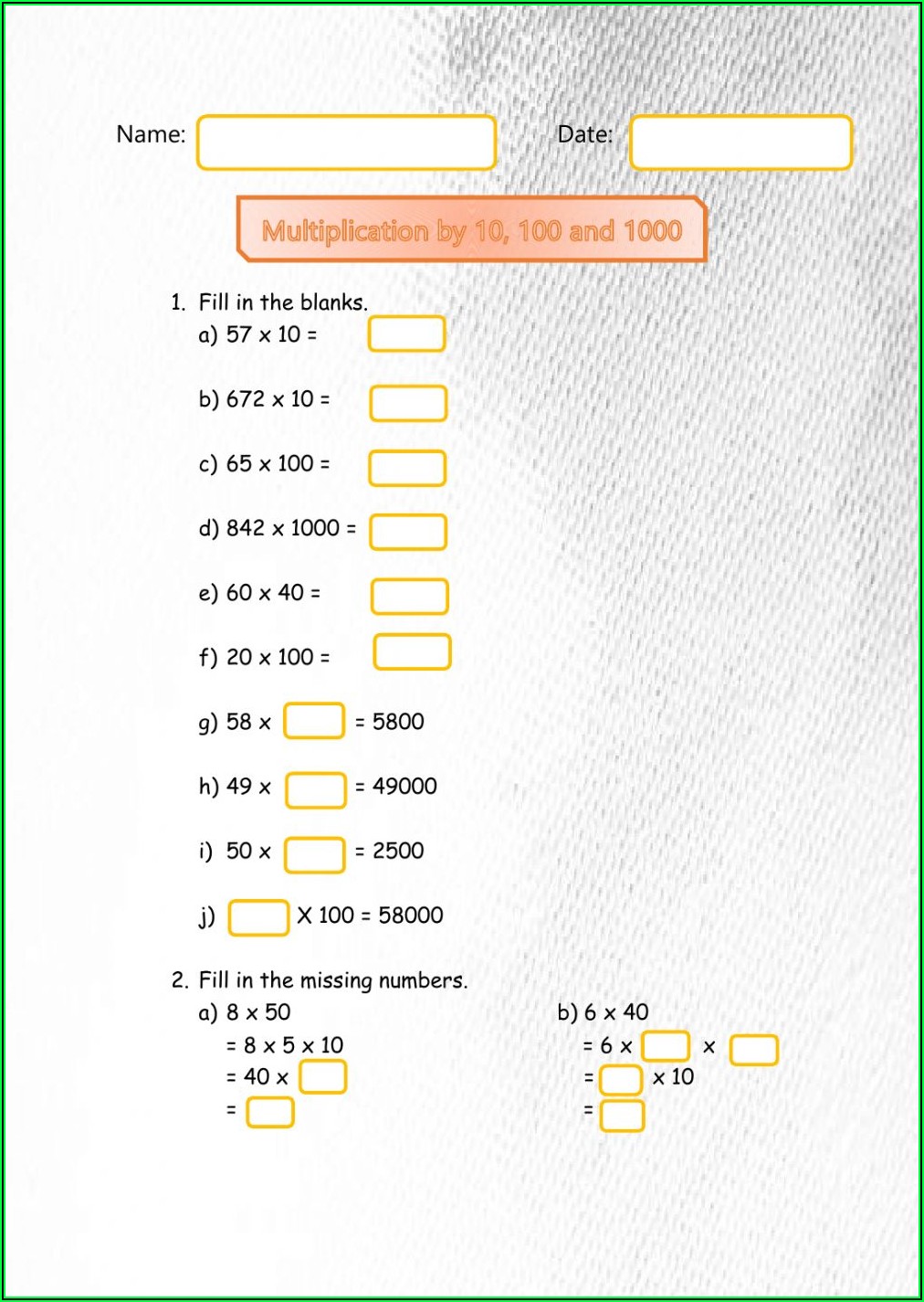 Multiplication By 10 100 And 1000 Worksheet