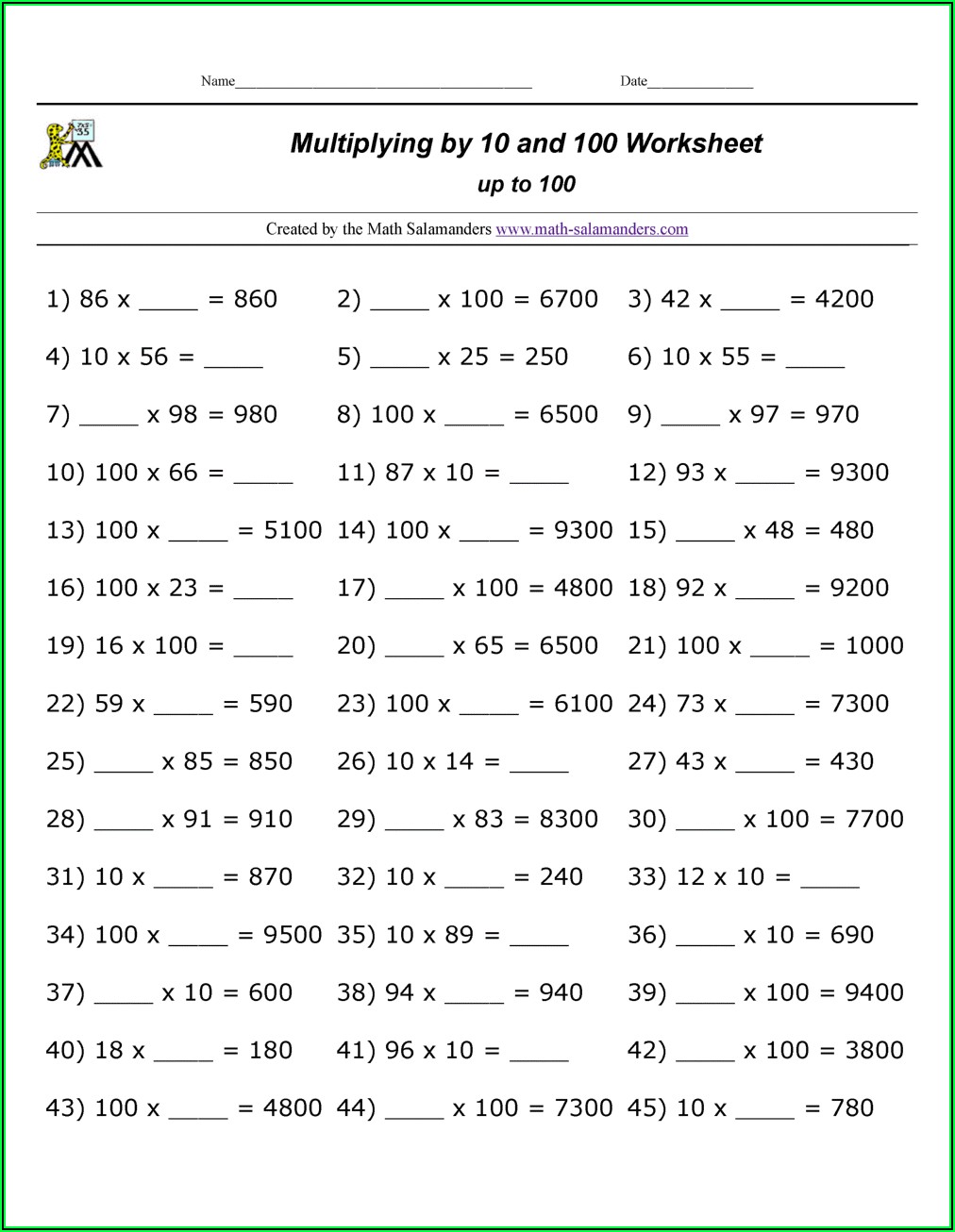 Multiply By 10 And 100 Worksheet Year 4
