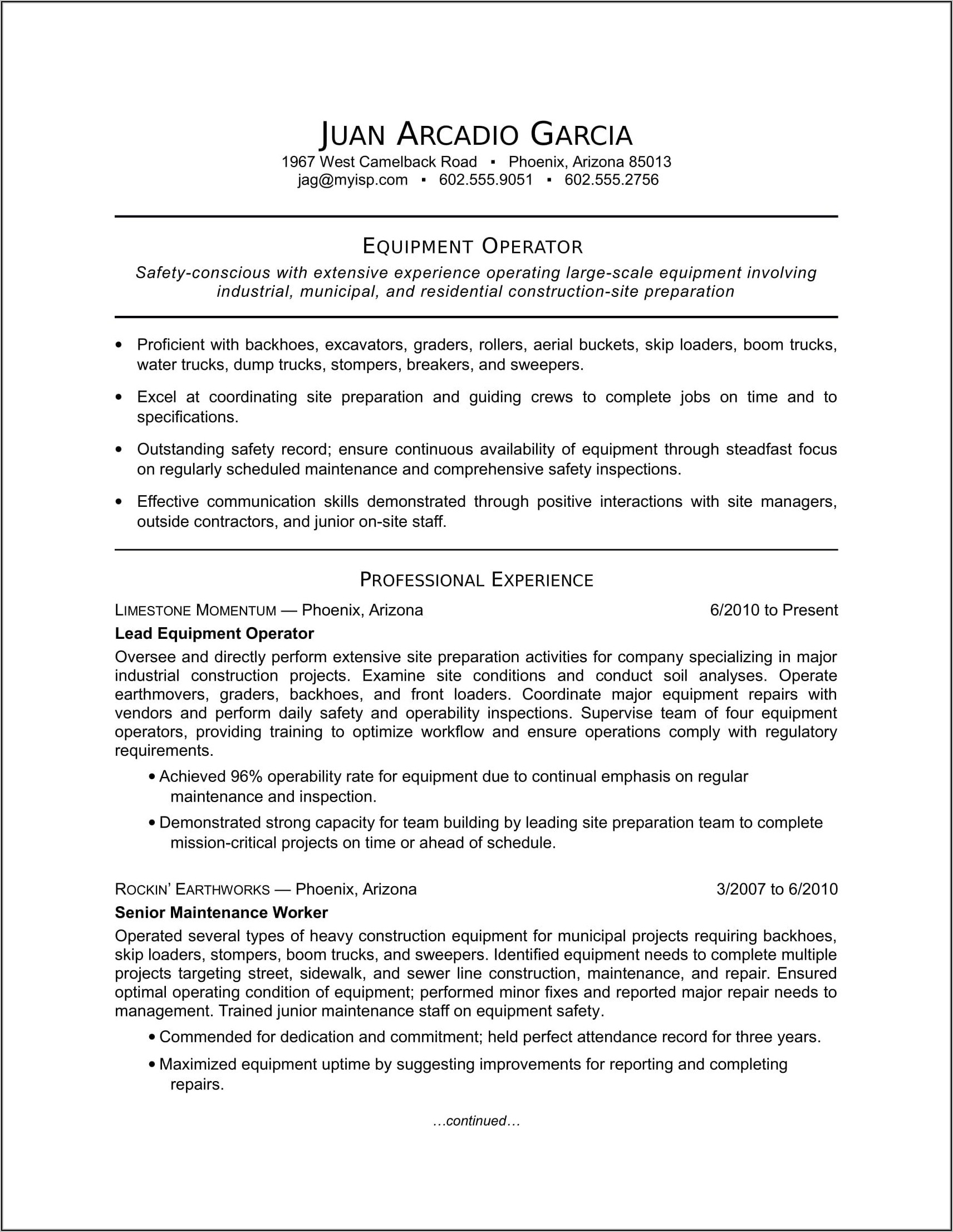 Resume Examples For Equipment Operator