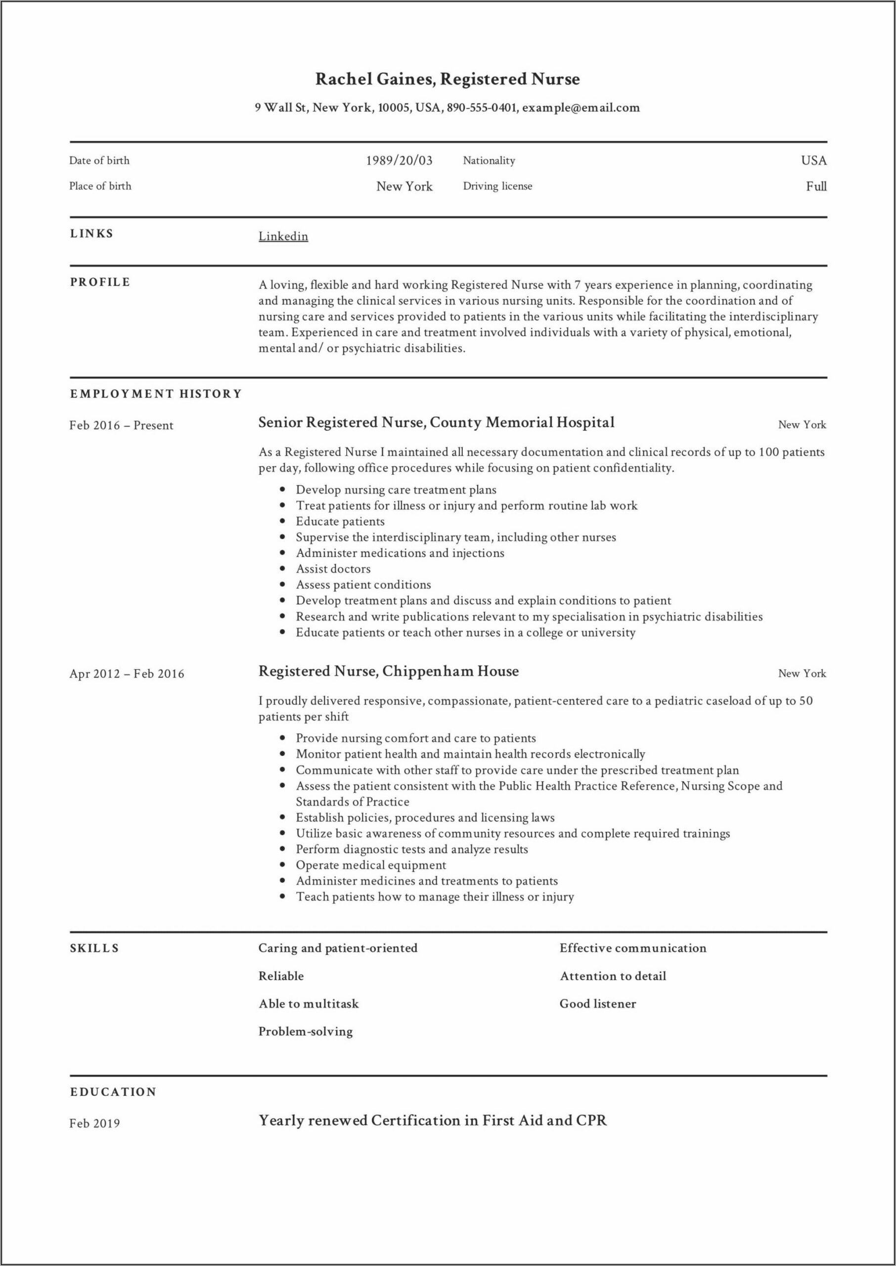 Sample Resume For Registered Nurse With No Experience