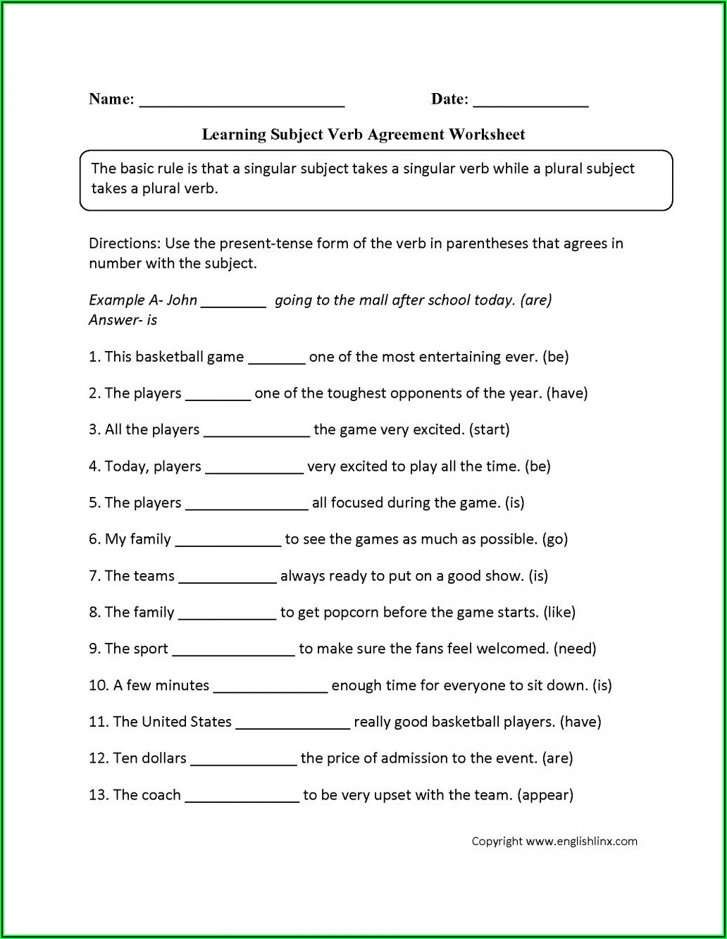 Subject Verb Agreement Worksheet Kindergarten