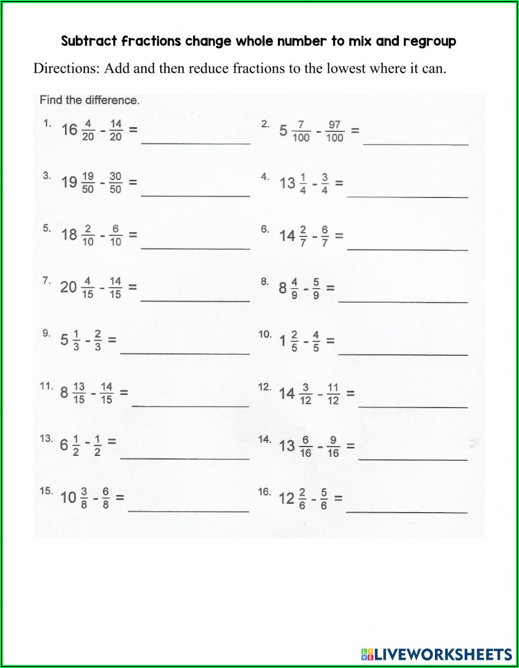 Subtracting Mixed Numbers With Borrowing Worksheet Pdf