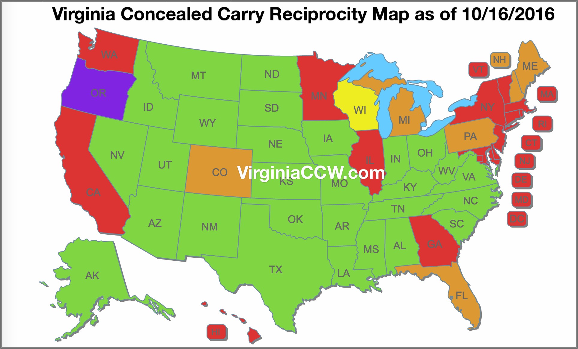 Virginia Concealed Carry Reciprocity Map & Gun Laws