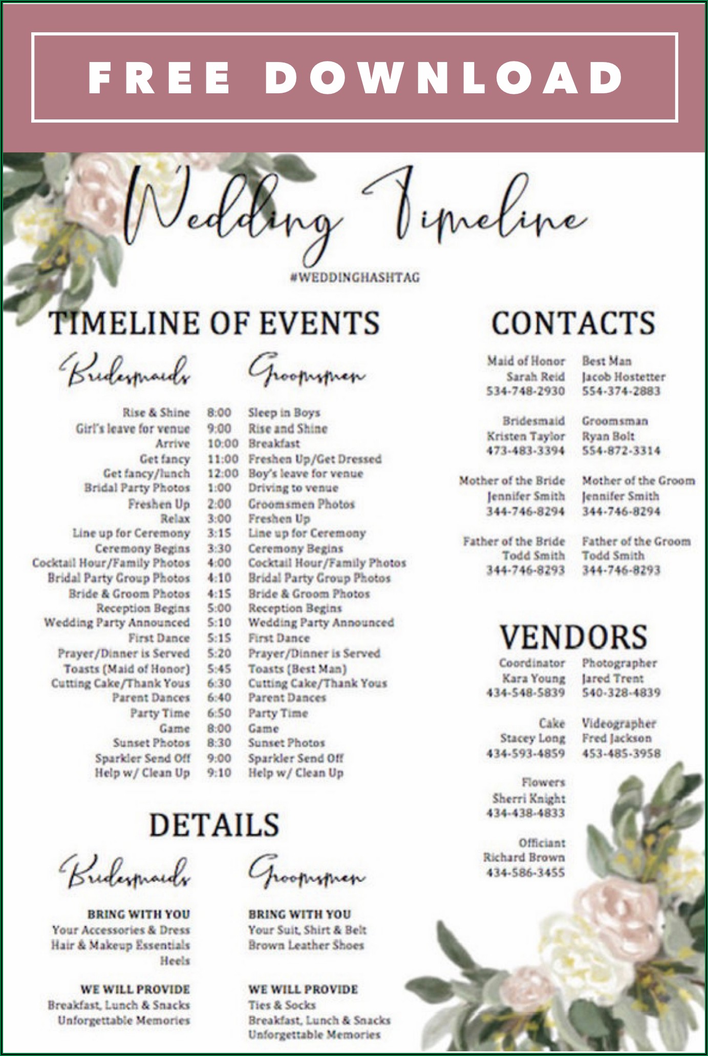 Wedding Day Timeline Template Word