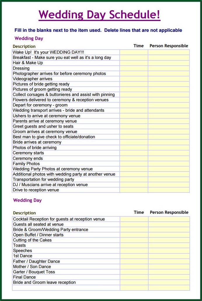 Wedding Weekend Timeline Template Free